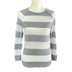 Michael Michael Kors Gray White Striped Perforated Knit Sweater with Zip Shoulde